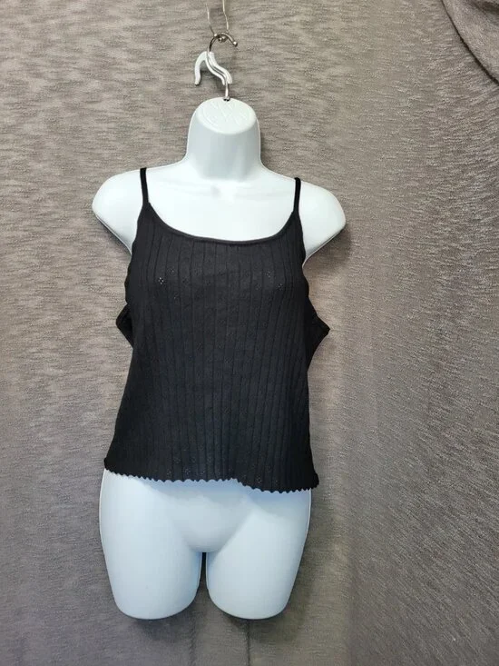 VTG Y2K Tank Top Black Eyelet Womens Jrs XL Cropped Fairy Grunge Gothic Stretch - Picture 12 of 15